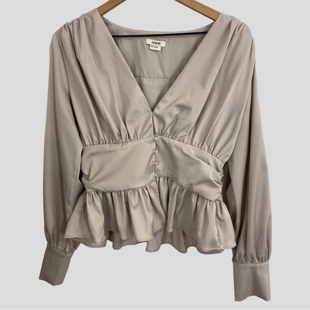 Jason Wu Taupe Satin Peplum Waist Button Front V-Neck Blouse